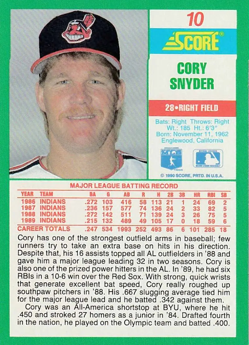 1990 Score #10 Cory Snyder EX Excellent Cleveland Indians Baseball Card - Baseball Card Single