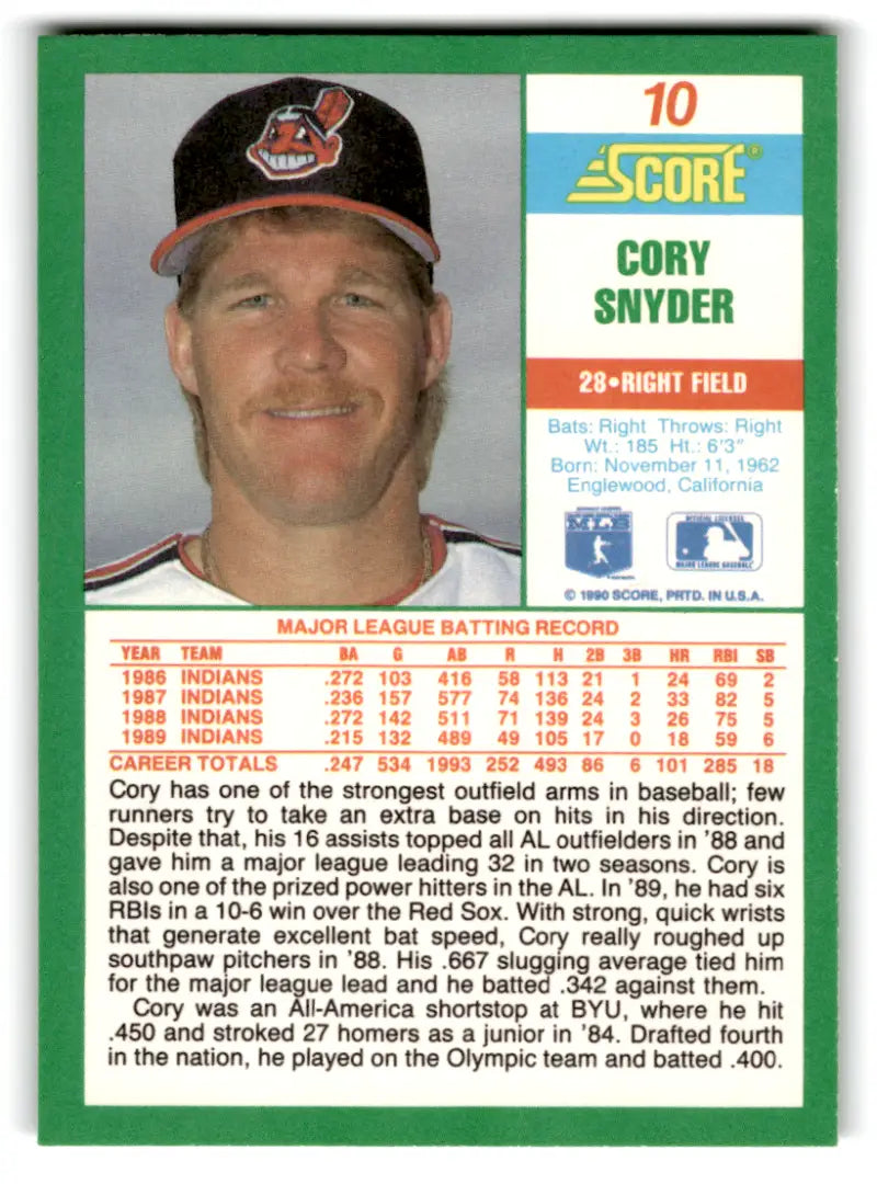 1990 Score #10 Cory Snyder NM-MT Indians ID:70075 - Baseball Card Single