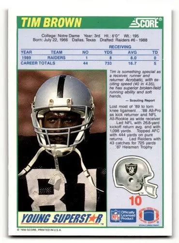 Original gloss Tim Brown Los Angeles Raiders football card from 1990 Score #10