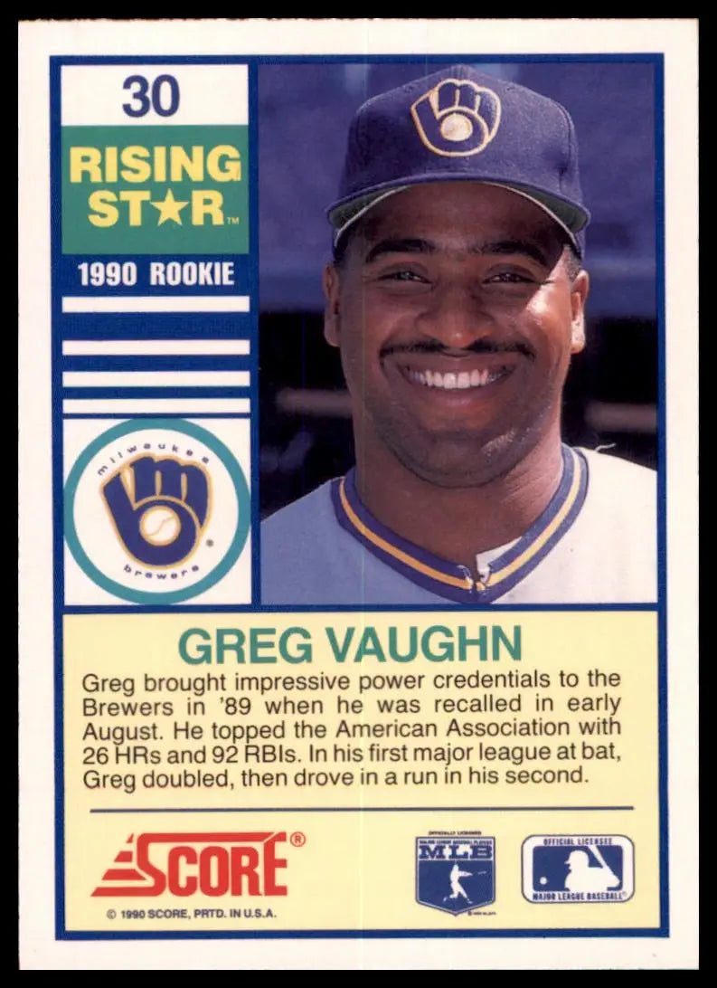 1990 Score 100 Rising Stars Greg Vaughn 30 Milwaukee Brewers NM - Baseball Card Single