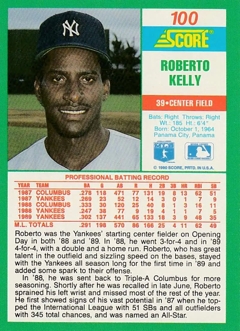 1990 Score #100 Roberto Kelly EX Excellent New York Yankees Baseball Card - Baseball Card Single
