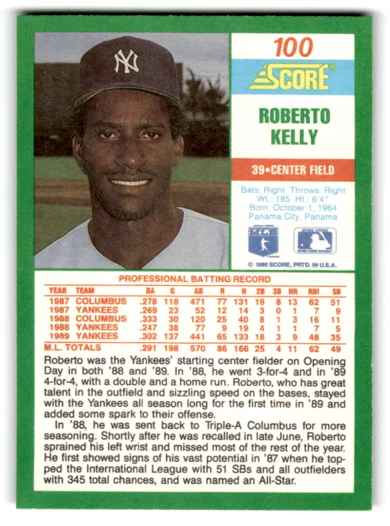 1990 Score #100 Roberto Kelly NM-MT Yankees ID:70080 - Baseball Card Single