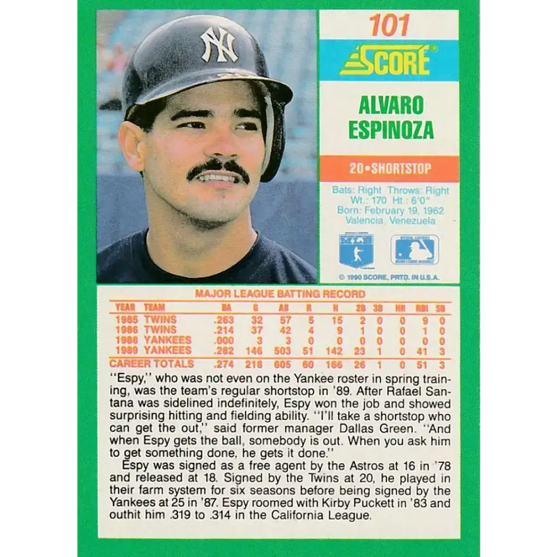 1990 Score #101 Alvaro Espinoza NM-MT New York Yankees Baseball Card - Baseball Card Single