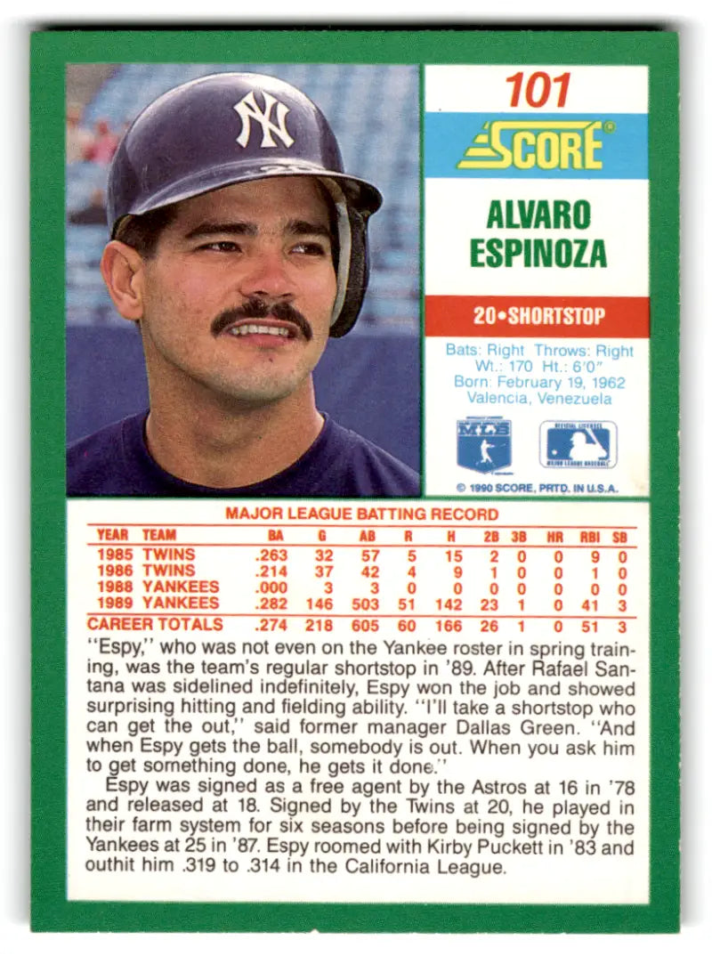 1990 Score #101 Alvaro Espinoza NM-MT Yankees ID:70051 - Baseball Card Single