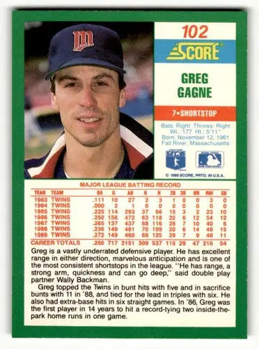Original gloss Greg Gagne Minnesota baseball card from 1990 Score #102