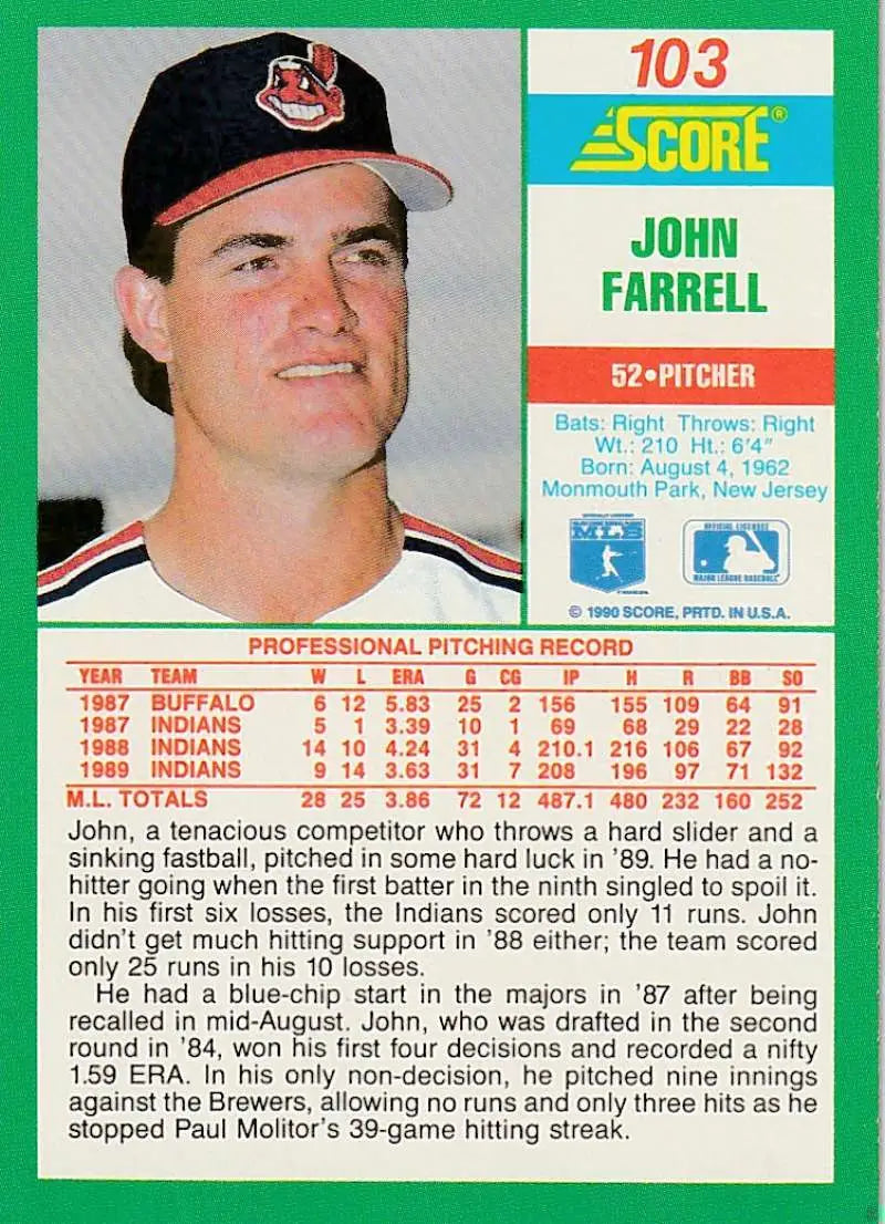 1990 Score #103 John Farrell EX Excellent Cleveland Indians Baseball Card - Baseball Card Single