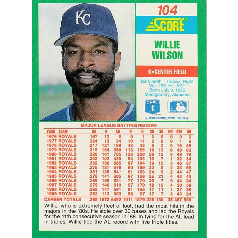 1990 Score #104 Willie Wilson NM-MT Kansas City Royals Baseball Card - Baseball Card Single
