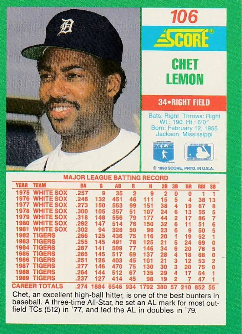 1990 Score #106 Chet Lemon EX Excellent Detroit Tigers Baseball Card - Baseball Card Single