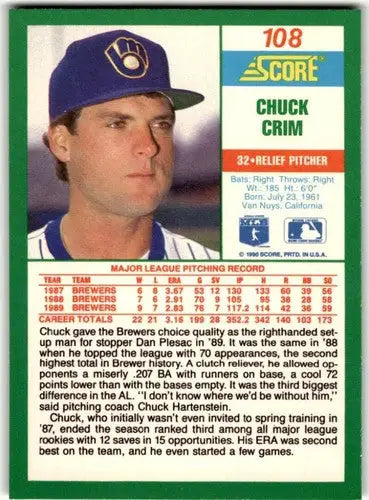 Original gloss Chuck Crim baseball card from 1990 Score #108 featuring Simply Sandoval