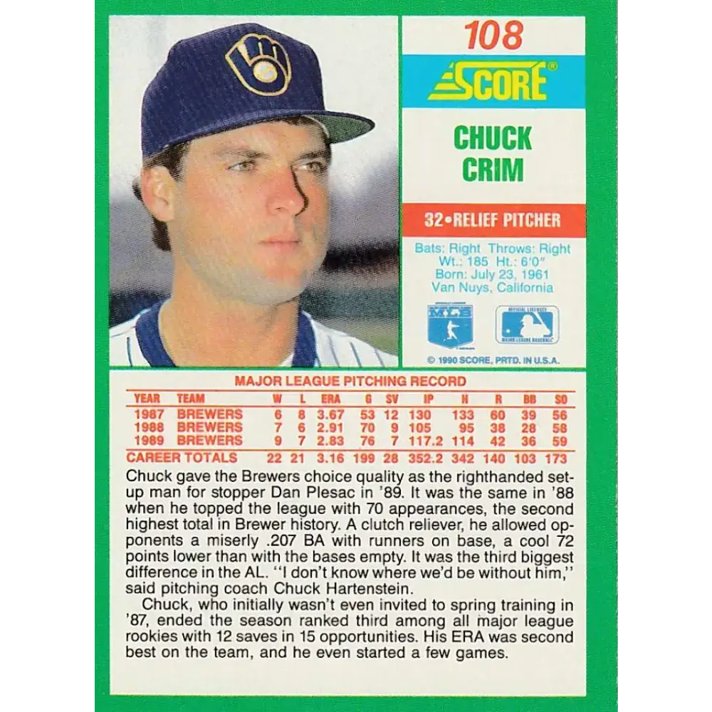 1990 Score #108 Chuck Crim NM-MT Milwaukee Brewers Baseball Card - Baseball Card Single