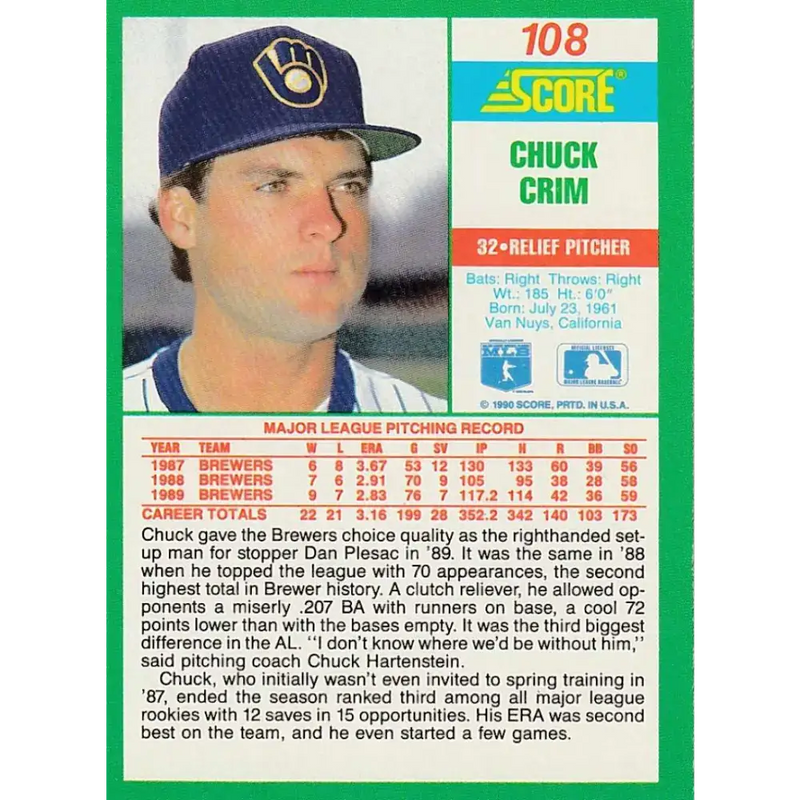 1990 Score #108 Chuck Crim NM-MT Milwaukee Brewers Baseball Card - Baseball Card Single