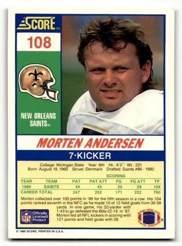 1990 Score Morten Andersen Saints football card from Saints football cards collection
