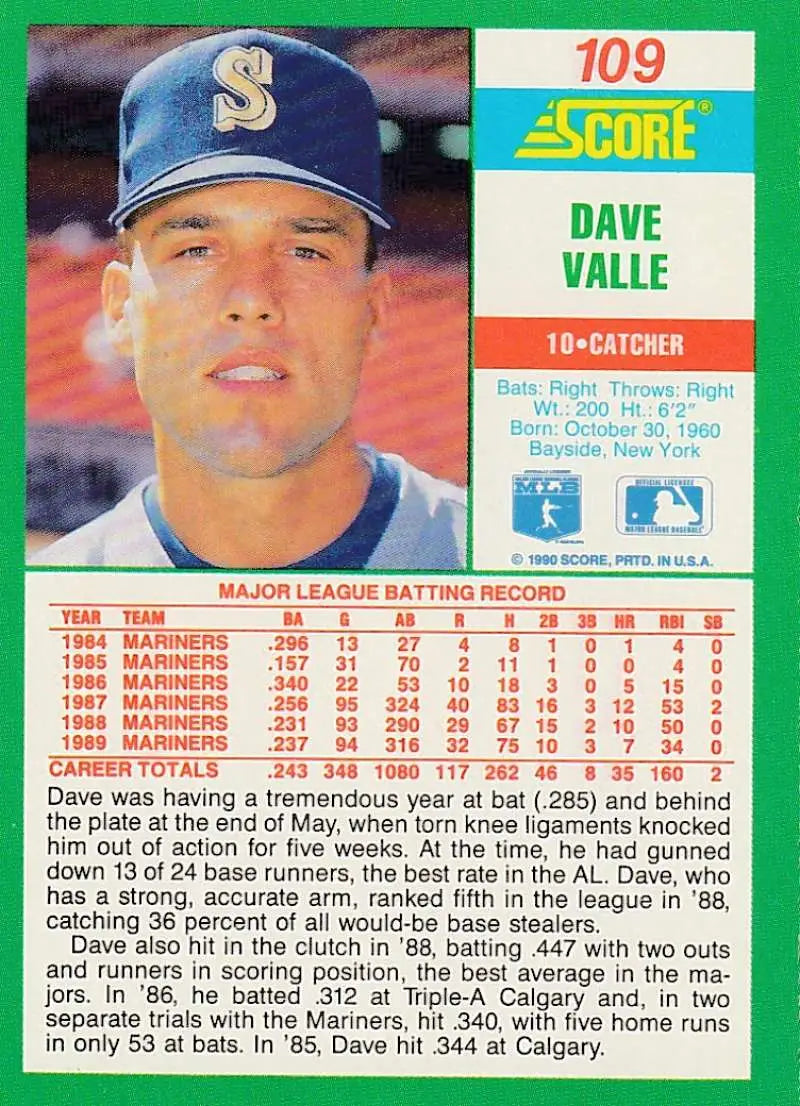 1990 Score #109 Dave Valle EX Excellent Seattle Mariners Baseball Card - Baseball Card Single