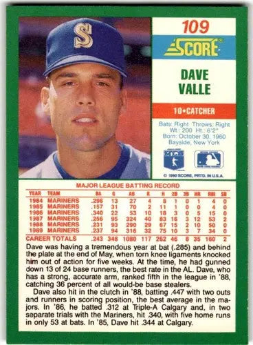 Original gloss of Dave Valle baseball card in 1990 Score set featuring Simply Sandoval