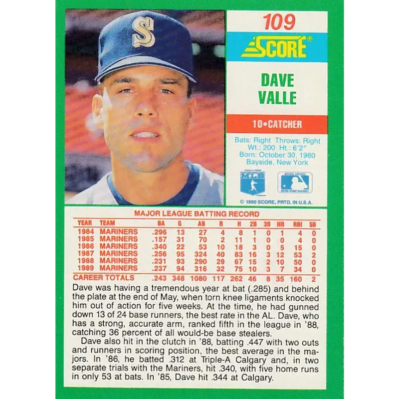 1990 Score #109 Dave Valle NM-MT Seattle Mariners Baseball Card - Baseball Card Single