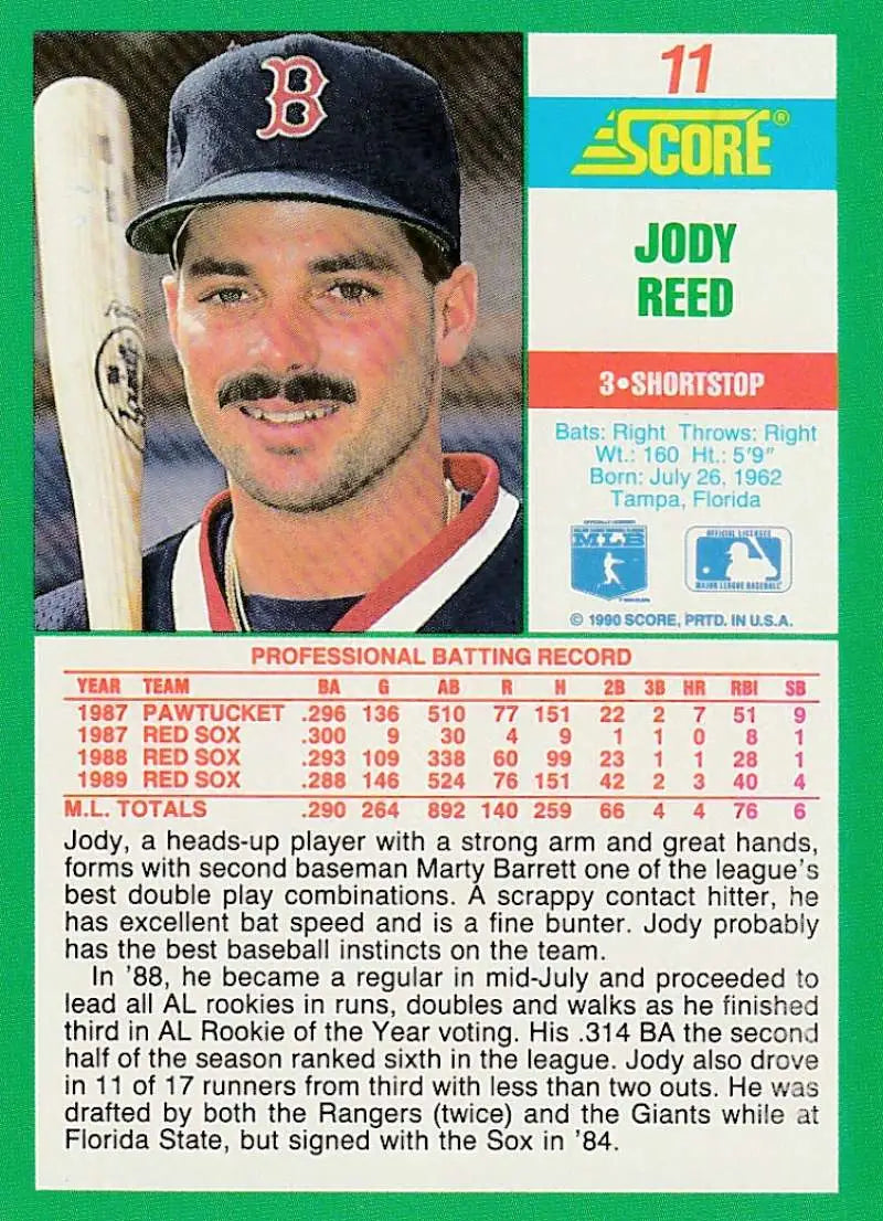 1990 Score #11 Jody Reed EX Excellent Boston Red Sox Baseball Card - Baseball Card Single