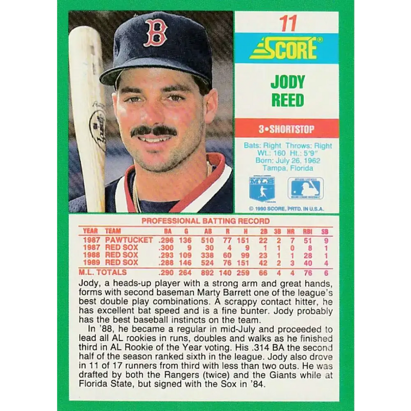 1990 Score #11 Jody Reed NM-MT Boston Red Sox Baseball Card - Baseball Card Single