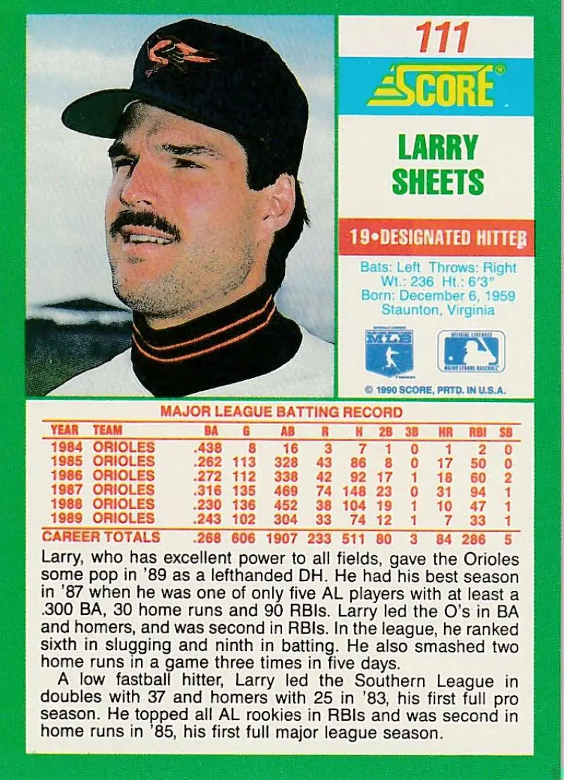 1990 Score #111 Larry Sheets EX Excellent Baltimore Orioles Baseball Card - Baseball Card Single