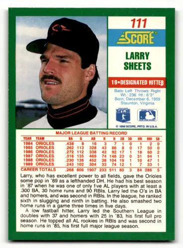 Original gloss Larry Sheets baseball card from 1990 Score #111 NM-MT Orioles