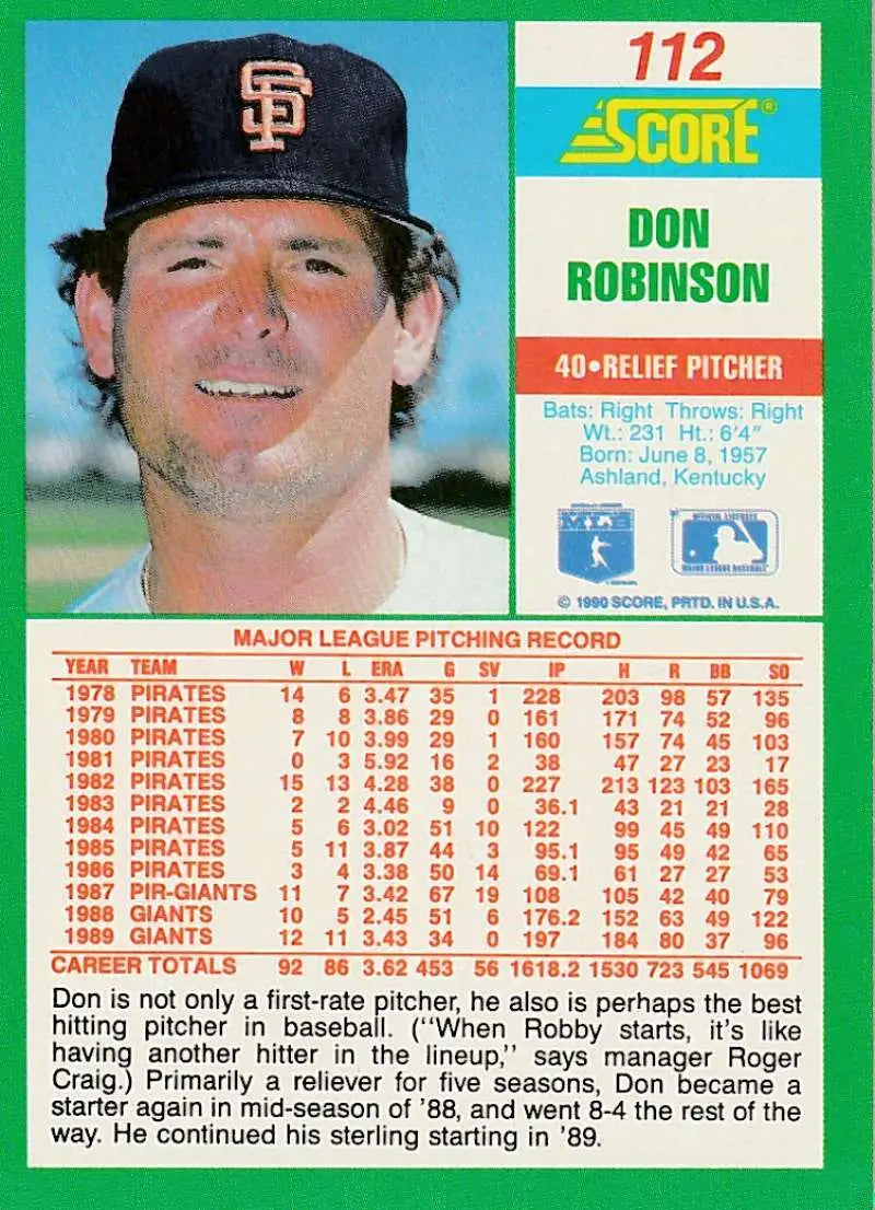 1990 Score #112 Don Robinson EX Excellent San Francisco Giants Baseball Card - Baseball Card Single