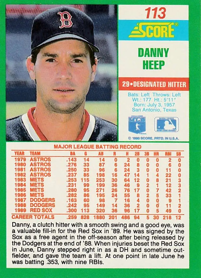 1990 Score #113 Danny Heep EX Excellent Boston Red Sox Baseball Card - Baseball Card Single