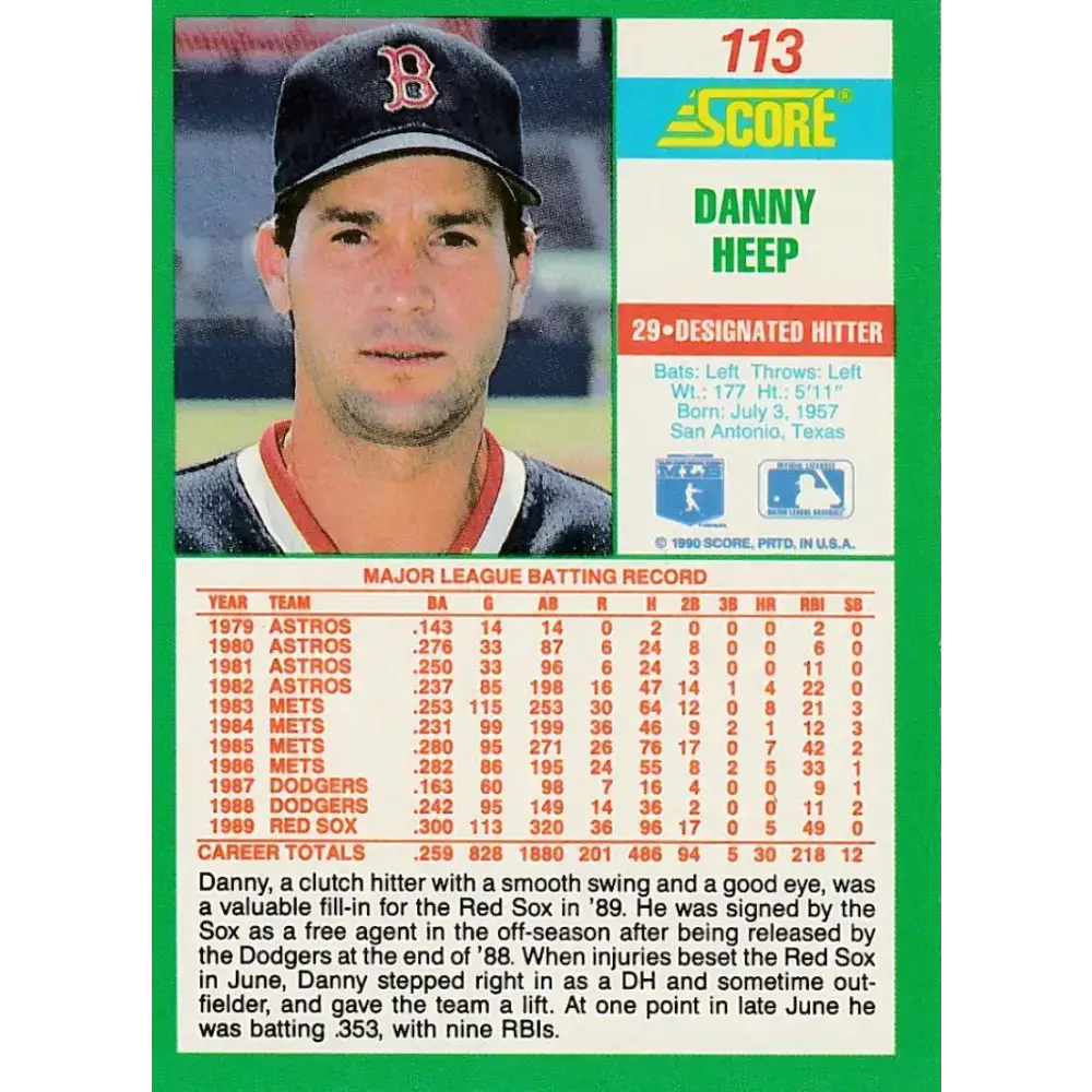 1990 Score #113 Danny Heep NM-MT Boston Red Sox Baseball Card - Baseball Card Single