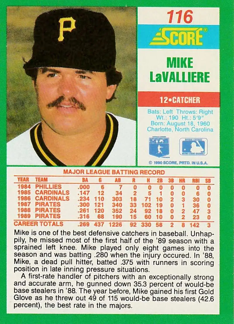 1990 Score #116 Mike LaValliere EX Excellent Pittsburgh Pirates Baseball Card - Baseball Card Single