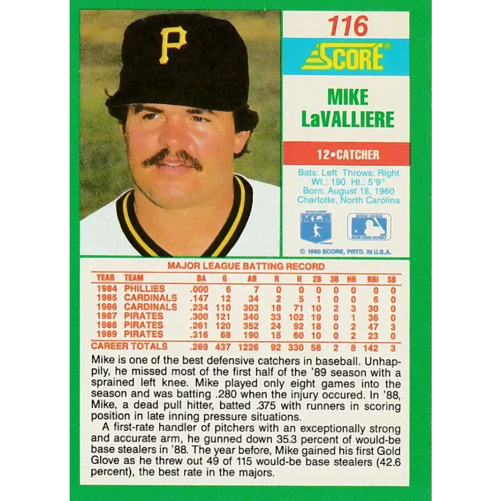 1990 Score #116 Mike LaValliere NM-MT Pittsburgh Pirates Baseball Card - Baseball Card Single