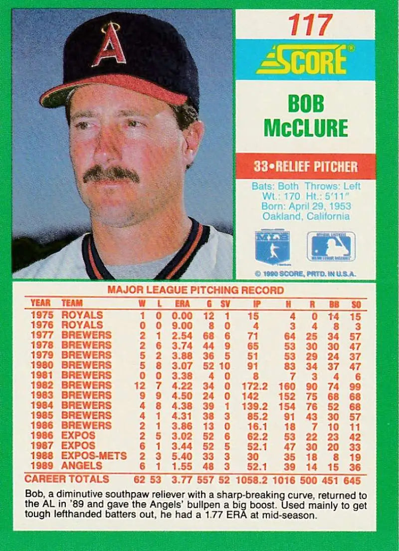 1990 Score #117 Bob McClure EX Excellent California Angels Baseball Card - Baseball Card Single