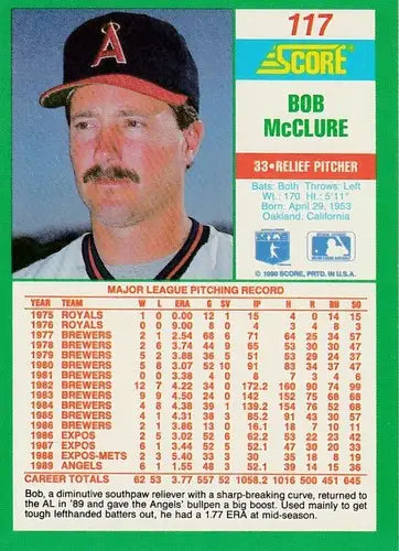 1990 Score #117 Bob McClure NM-MT Angels - Baseball Card Single
