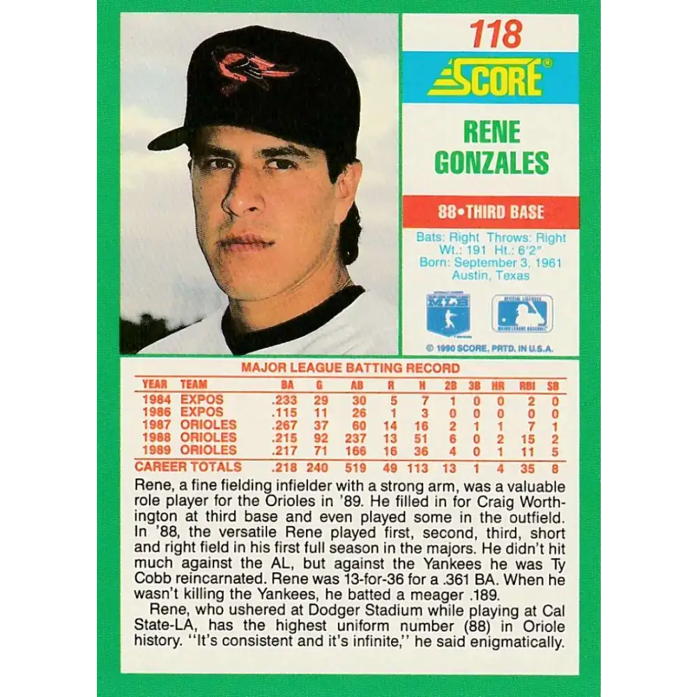 1990 Score #118 Rene Gonzales NM-MT Baltimore Orioles Baseball Card - Baseball Card Single