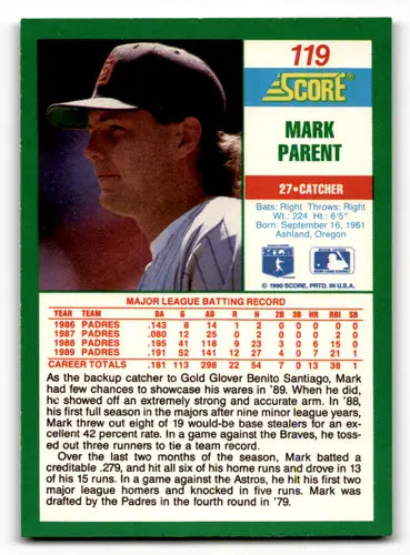 Original gloss of Mark Parent baseball card from 1990 Score Padres ID 46168