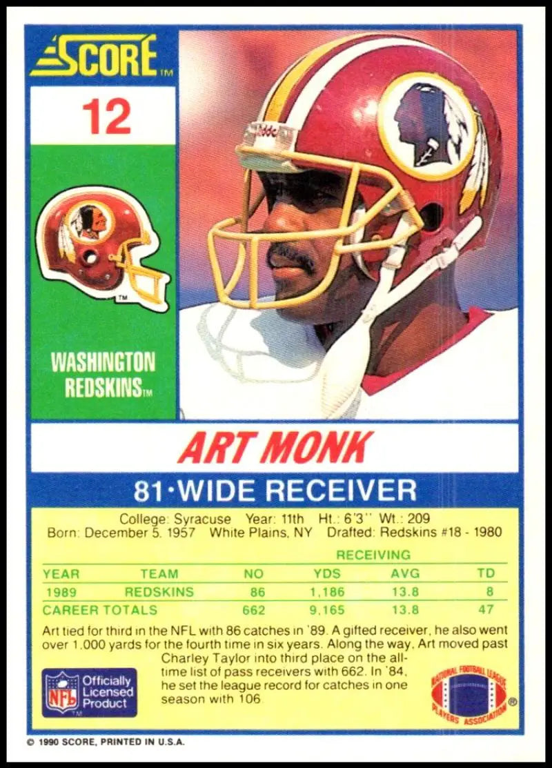 1990 Score #12 Art Monk NM-MT Washington Redskins Football Card - Football Card Single