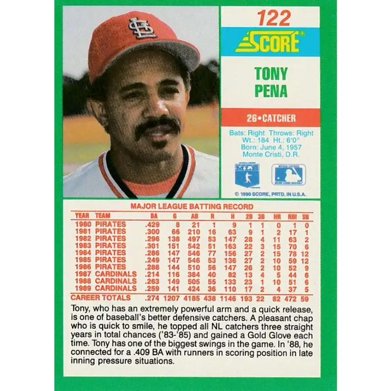 1990 Score #122 Tony Pena NM-MT St. Louis Cardinals Baseball Card - Baseball Card Single