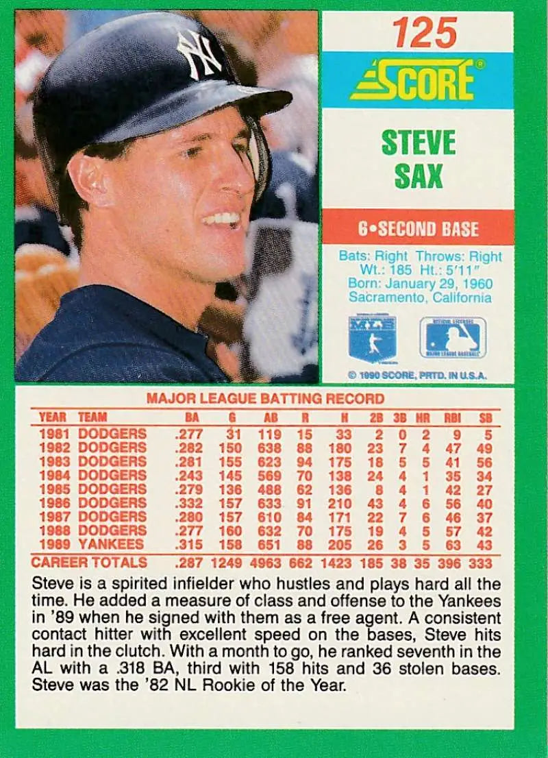 1990 Score #125 Steve Sax EX Excellent New York Yankees Baseball Card
