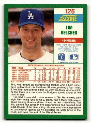 1990 Score #126 Tim Belcher Los Angeles Dodgers Baseball Cards EX/NM ID:55205 - Baseball Card Single
