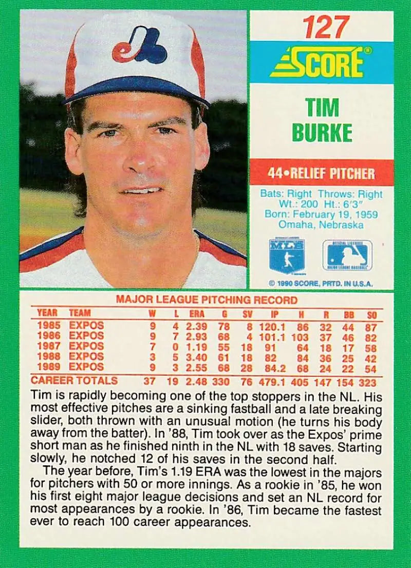 1990 Score #127 Tim Burke EX Excellent Montreal Expos Baseball Card - Baseball Card Single