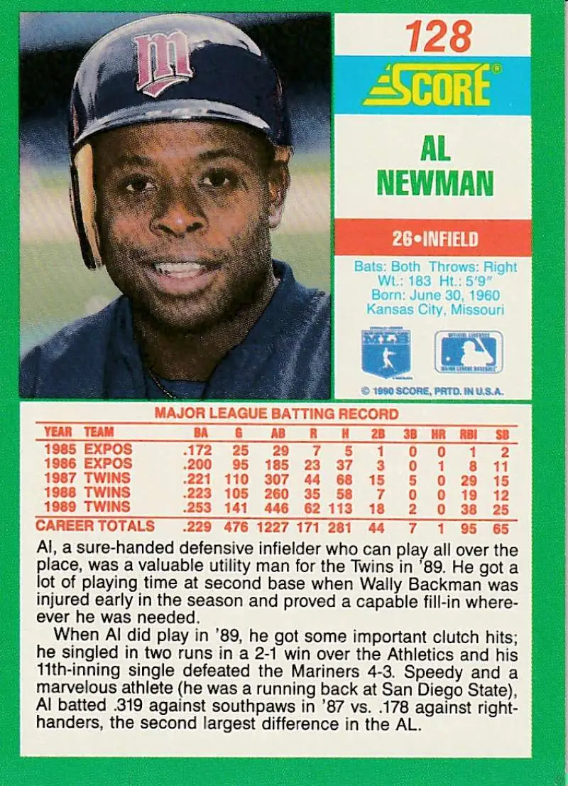 1990 Score #128 Al Newman EX Excellent Minnesota Twins Baseball Card - Baseball Card Single