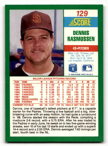 1990 Score Dennis Rasmussen baseball card with original gloss Padres ID 46158