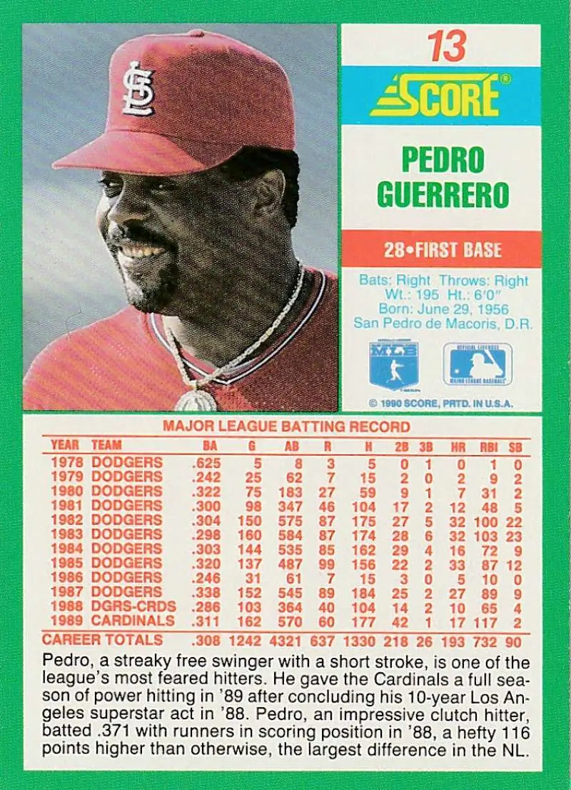 1990 Score #13 Pedro Guerrero EX Excellent St. Louis Cardinals Baseball Card - Baseball Card Single
