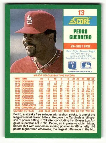 1990 Score #13 Pedro Guerrero St. Louis Cardinals Baseball Cards ID:52781 - Baseball Card Single