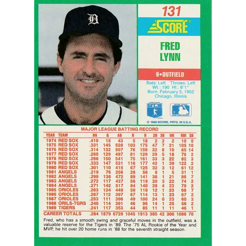 1990 Score #131 Fred Lynn NM-MT Detroit Tigers Baseball Card - Baseball Card Single