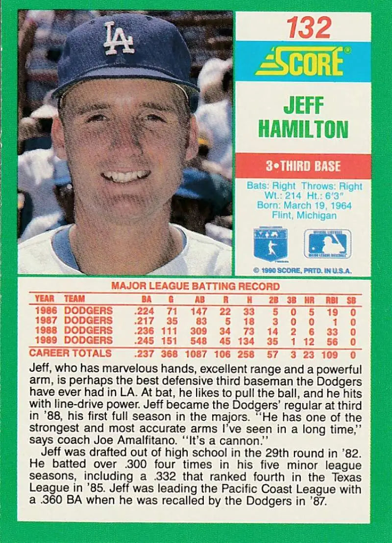 1990 Score #132 Jeff Hamilton EX Excellent Los Angeles Dodgers Baseball Card - Baseball Card Single