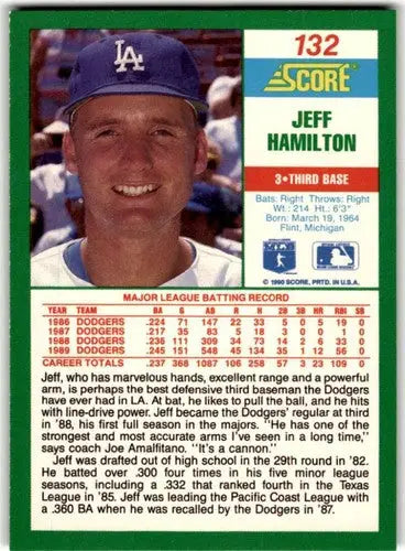 Original gloss Jeff Hamilton baseball card from 1990 Score #132 featuring Simply Sandoval