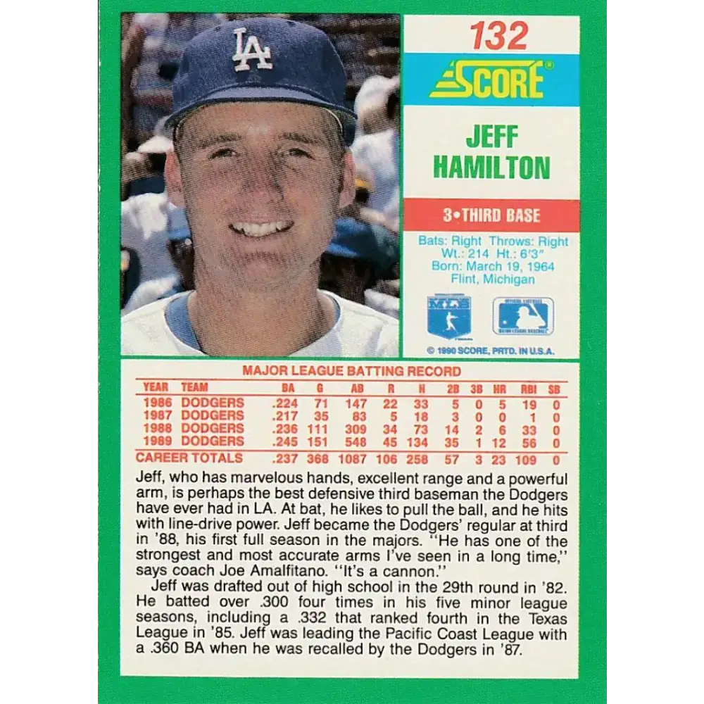 1990 Score #132 Jeff Hamilton NM-MT Los Angeles Dodgers Baseball Card - Baseball Card Single