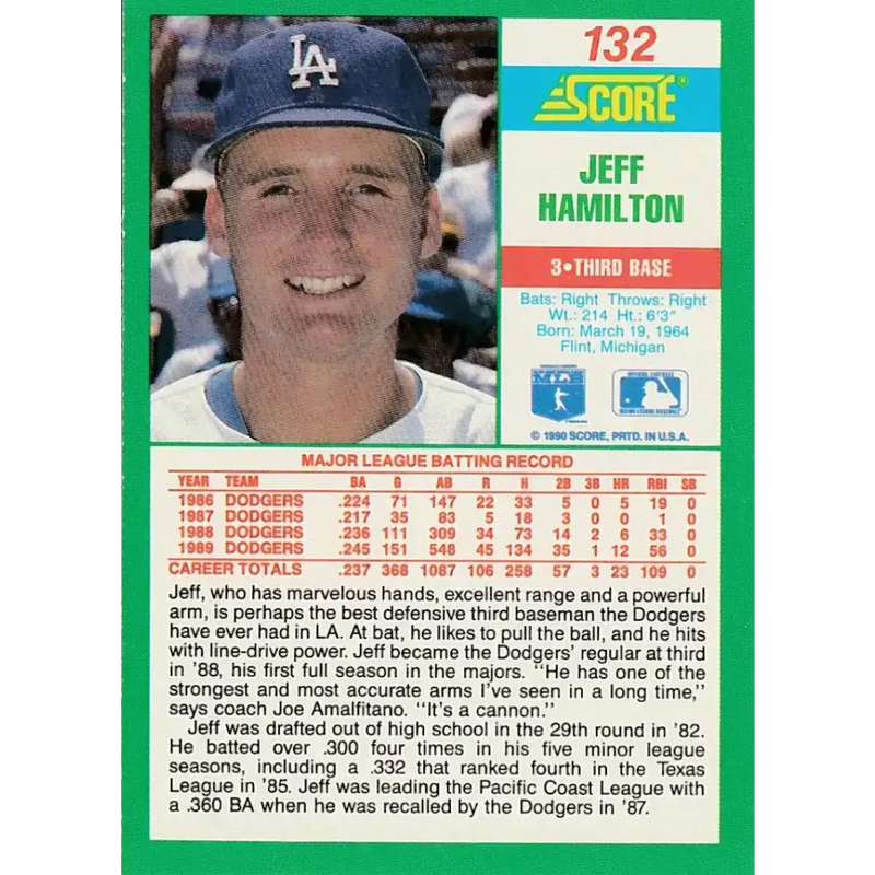 1990 Score #132 Jeff Hamilton NM-MT Los Angeles Dodgers Baseball Card - Baseball Card Single