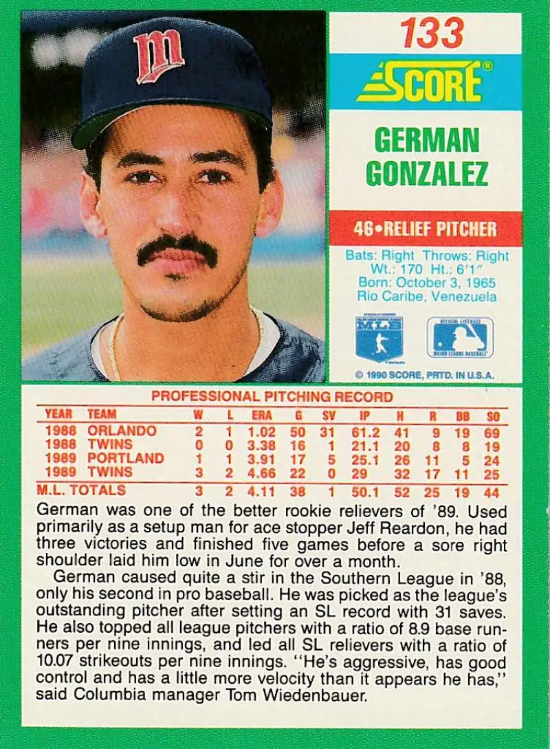 1990 Score #133 German Gonzalez EX Excellent Minnesota Twins Baseball Card - Baseball Card Single