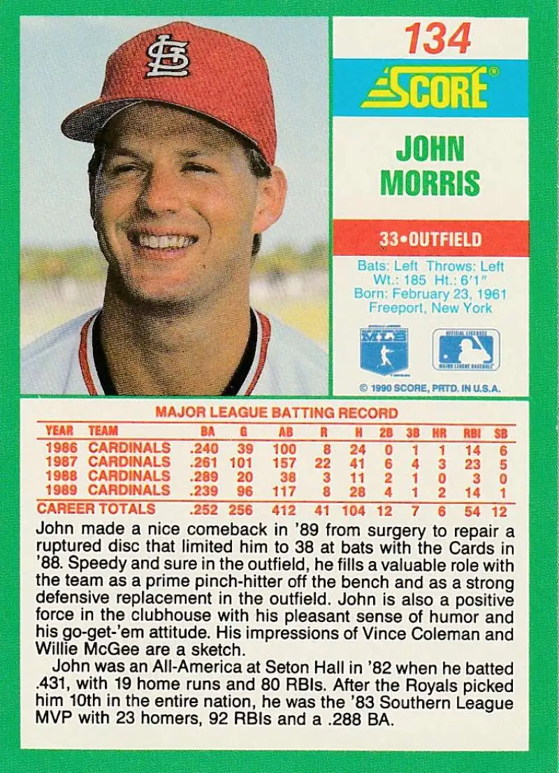 1990 Score #134 John Morris EX Excellent St. Louis Cardinals Baseball Card - Baseball Card Single