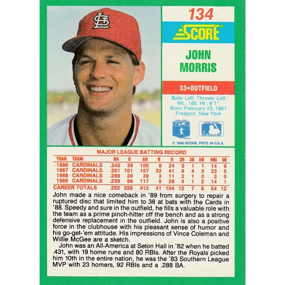 1990 Score #134 John Morris NM-MT St. Louis Cardinals Baseball Card - Baseball Card Single