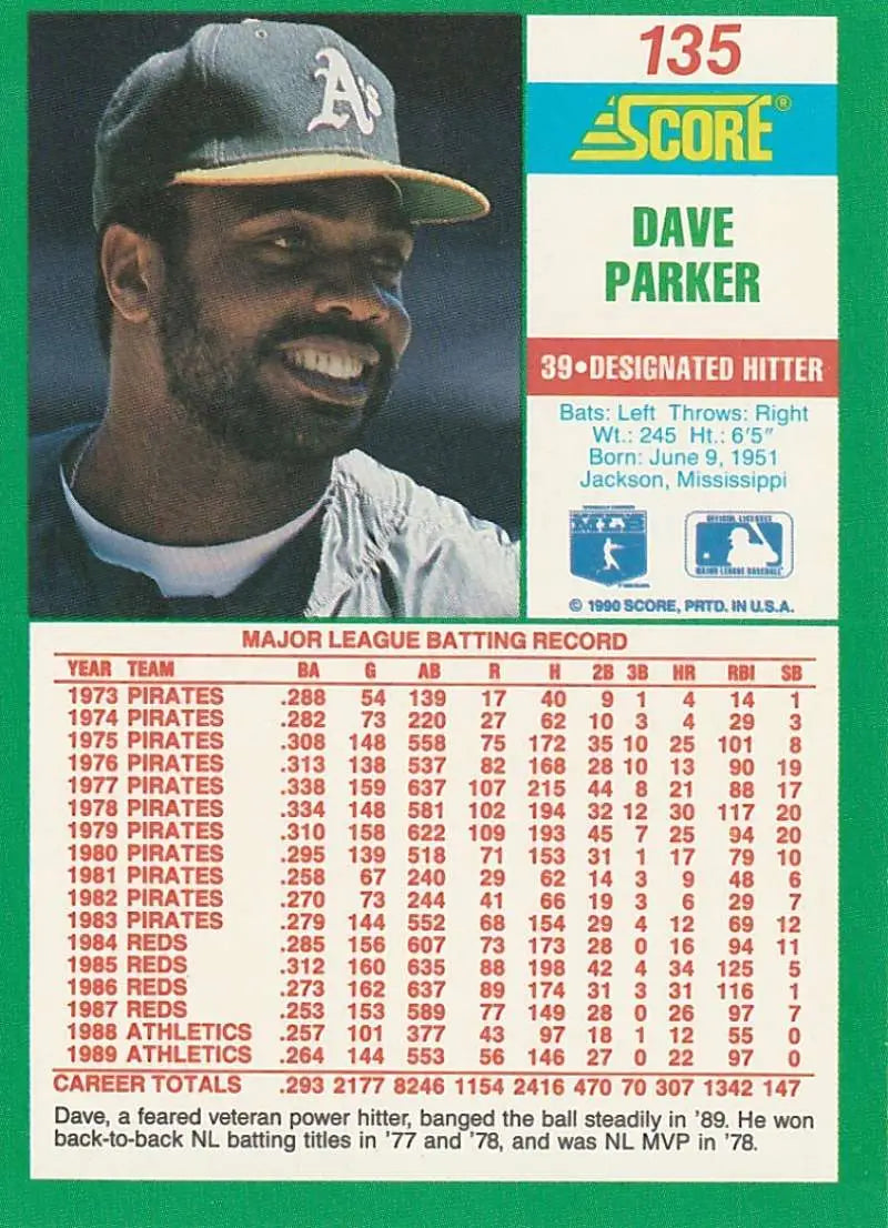 1990 Score #135 Dave Parker EX Excellent Oakland Athletics Baseball Card - Baseball Card Single
